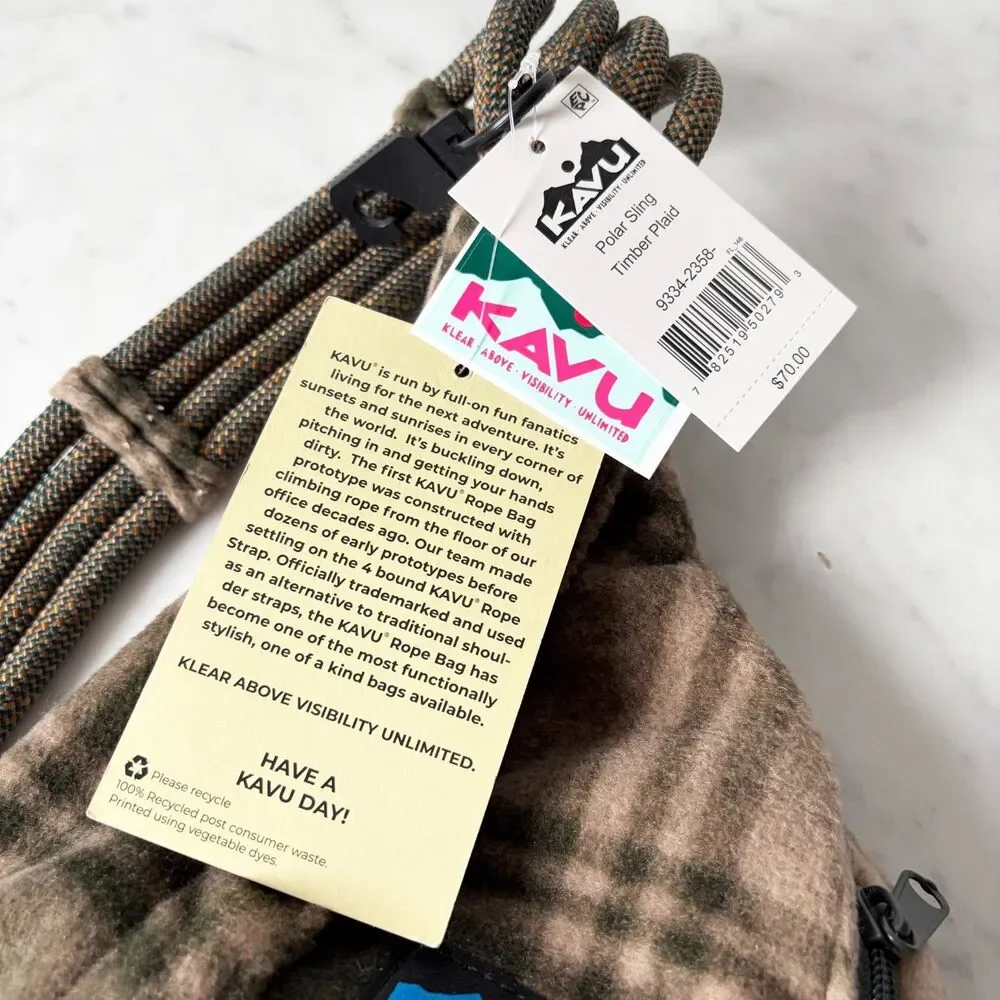 KAVU Polar Sling Rope Bag Timber Plaid Fleece Crossbody Backpack NWT